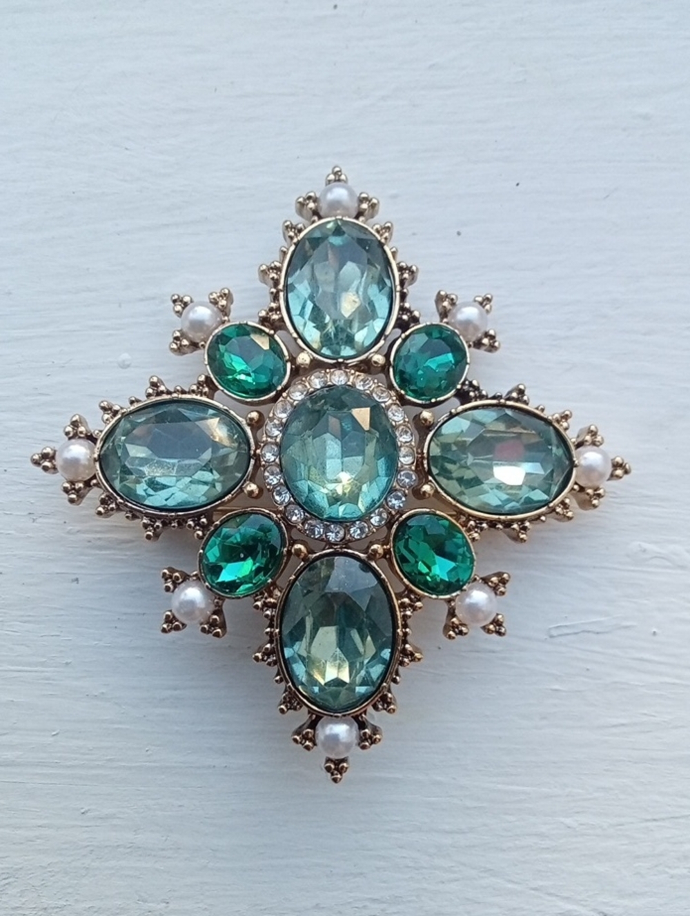 Anne Klein Blue, Green Faceted Rhinestones, Faux Pearl Gold Tone Brooch